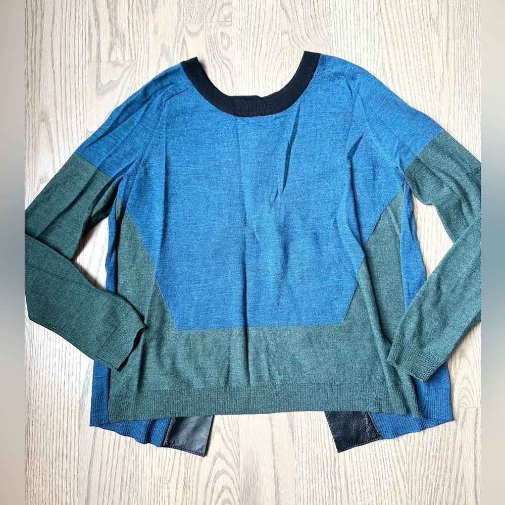 AIKO 100% Merino Wool Geometric Colorblock Split Back Sweater Leather Detail